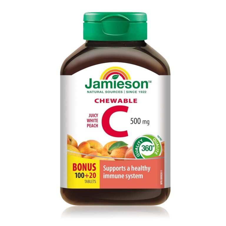 Jamieson Chewable Vitamin C 500 mg Juicy White Peach Flavour, Supports Immune Health, Strong Teeth and Bones. Family Friendly (4+), Vegetarian, Non-GMO, Gluten-Free, No...