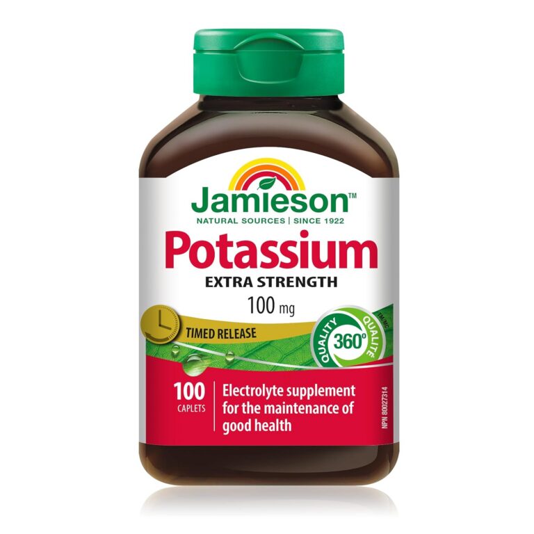 Jamieson Extra Strength Potassium 100 mg Timed Release, Supports Muscle and Nerve Function, Electrolyte Support, and Helps Prevent Potassium Deficiency. Vegetarian, Gluten-Free,...
