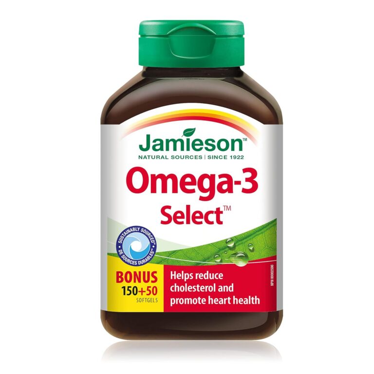 Jamieson Omega-3 Select 1,000 mg, Improves Heart Health, Supports Brain Health, and Reduces Inflammation. With 300 mg EPA and 200 mg DHA, Non-GMO, Gluten-Free, 200 Softgels