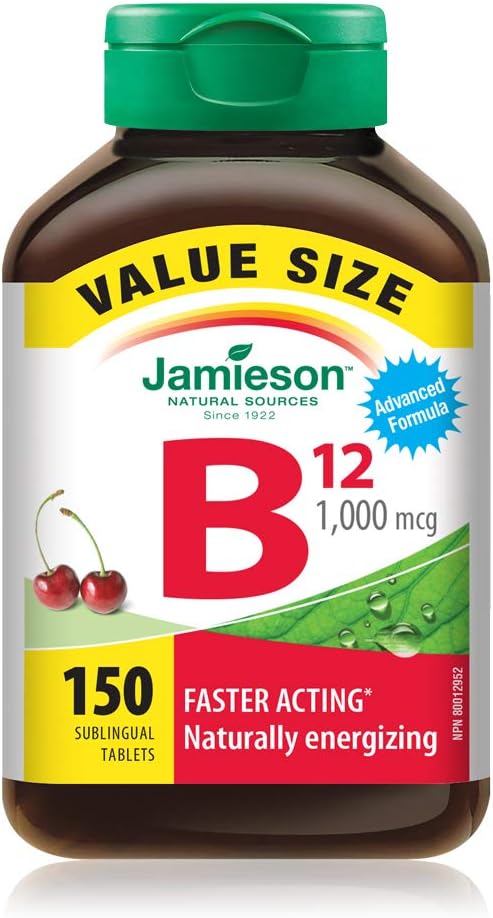 Jamieson Vitamin B12 Methylcobalamin 1,000 mcg, Fast Dissolving, Faster Acting, Naturally Energizing, and Supports Metabolism. Vegetarian, Gluten-Free, Natural Wild Cherry...