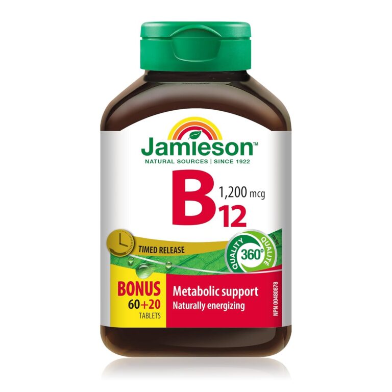Jamieson Vitamin B12 Methylcobalamin 1,200 mcg Tablets, Timed Released, Faster Acting, Naturally Energizing, and Supports Metabolism. Vegetarian, Non-GMO, Gluten-Free, 80 Count,...