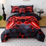 JQinHome Twin Size Gaming Bedding Set 6-Piece Comforter for Boys Teens - 3D Video Game Print Bed in a Bag with Sheets, Red Cool Black Design (Twin)