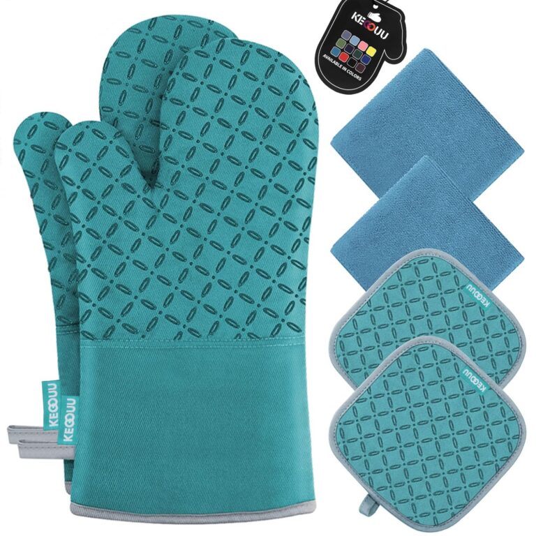 KEGOUU Oven Mitts and Pot Holders 6pcs Set, Kitchen Oven Glove High Heat Resistant 500 Degree Extra Long Oven Mitts and Potholder with Non-Slip Silicone Surface for Cooking