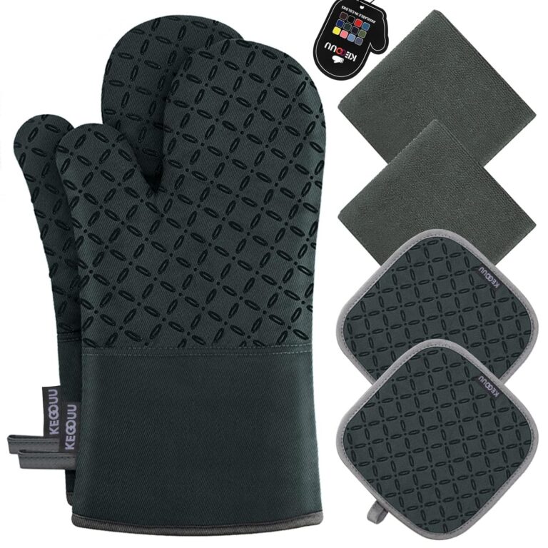 KEGOUU Oven Mitts and Pot Holders 6pcs Set, Kitchen Oven Glove High Heat Resistant 500 Degree Extra Long Oven Mitts and Potholder with Non-Slip Silicone Surface for Cooking