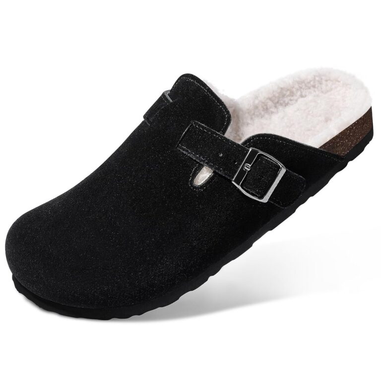 KIDMI Women's Fur Lined Suede Clogs Fuzzy Cork Footbed Mules Slip On Winter Potato Shoes