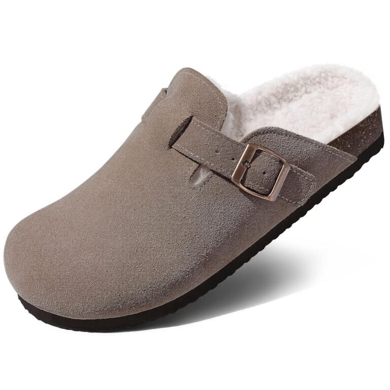 KIDMI Women's Fur Lined Suede Clogs Fuzzy Cork Footbed Mules Slip On Winter Potato Shoes