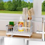 Kitchen Sink Caddy Organizer, Sponge Holder for Kitchen Sink with Auto-Drain, Rustproof Dish Cloth Holder with Removable Divider, Soap Dispenser Storage-Black