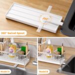 Kitchen Sink Caddy Organizer, Sponge Holder for Kitchen Sink with Auto-Drain, Rustproof Dish Cloth Holder with Removable Divider, Soap Dispenser Storage-Silver