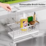 Kitchen Sink Caddy Organizer, Sponge Holder for Kitchen Sink with Auto-Drain, Rustproof Dish Cloth Holder with Removable Divider, Soap Dispenser Storage-Silver