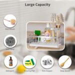 Kitchen Sink Caddy Organizer, Sponge Holder for Kitchen Sink with Auto-Drain, Rustproof Dish Cloth Holder with Removable Divider, Soap Dispenser Storage-Silver