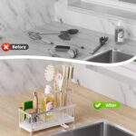 Kitchen Sink Caddy Organizer, Sponge Holder for Kitchen Sink with Auto-Drain, Rustproof Dish Cloth Holder with Removable Divider, Soap Dispenser Storage-Silver