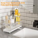 Kitchen Sink Caddy Organizer, Sponge Holder for Kitchen Sink with Auto-Drain, Rustproof Dish Cloth Holder with Removable Divider, Soap Dispenser Storage-Silver