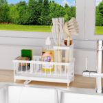 Kitchen Sink Caddy Organizer, Sponge Holder for Kitchen Sink with Auto-Drain, Rustproof Dish Cloth Holder with Removable Divider, Soap Dispenser Storage-White