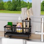 Kitchen Sink Caddy Organizer, Sponge Holder for Kitchen Sink with Auto-Drain, Rustproof Dish Cloth Holder with Removable Divider, Soap Dispenser Storage-Silver