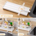 Kitchen Sink Caddy Organizer, Sponge Holder for Kitchen Sink with Auto-Drain, Rustproof Dish Cloth Holder with Removable Divider, Soap Dispenser Storage-White