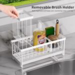 Kitchen Sink Caddy Organizer, Sponge Holder for Kitchen Sink with Auto-Drain, Rustproof Dish Cloth Holder with Removable Divider, Soap Dispenser Storage-White