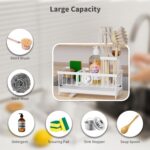 Kitchen Sink Caddy Organizer, Sponge Holder for Kitchen Sink with Auto-Drain, Rustproof Dish Cloth Holder with Removable Divider, Soap Dispenser Storage-White