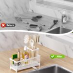 Kitchen Sink Caddy Organizer, Sponge Holder for Kitchen Sink with Auto-Drain, Rustproof Dish Cloth Holder with Removable Divider, Soap Dispenser Storage-White