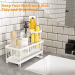 Kitchen Sink Caddy Organizer, Sponge Holder for Kitchen Sink with Auto-Drain, Rustproof Dish Cloth Holder with Removable Divider, Soap Dispenser Storage-White