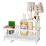 Kitchen Sink Caddy Organizer, Sponge Holder for Kitchen Sink with Auto-Drain, Rustproof Dish Cloth Holder with Removable Divider, Soap Dispenser Storage-White