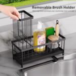 Kitchen Sink Caddy Organizer, Sponge Holder for Kitchen Sink with Auto-Drain, Rustproof Dish Cloth Holder with Removable Divider, Soap Dispenser Storage-Black