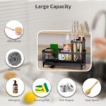 Kitchen Sink Caddy Organizer, Sponge Holder for Kitchen Sink with Auto-Drain, Rustproof Dish Cloth Holder with Removable Divider, Soap Dispenser Storage-Black