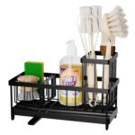 Kitchen Sink Caddy Organizer, Sponge Holder for Kitchen Sink with Auto-Drain, Rustproof Dish Cloth Holder with Removable Divider, Soap Dispenser Storage-Black