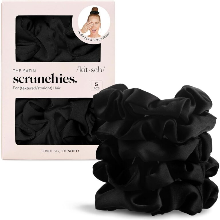Kitsch Satin Scrunchies for Women – No Crease Hair Ties – Soft Satin Hair Scrunchies for Girls – Frizz Free, Gentle, Stylish Hair Accessories | Ideal Gifts for Women – Black, 5 pcs