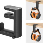 KIWIFOTOS Headphone Stand Holder Under Desk, PC Gaming Headset Hook Hanger Mount with 360 Adjustable Rotating Arm Clamp & Built in Cable Clip - Black