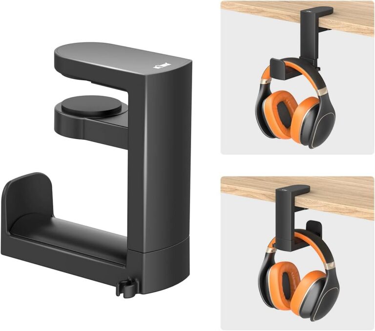KIWIFOTOS Headphone Stand Holder Under Desk, PC Gaming Headset Hook Hanger Mount with 360 Adjustable Rotating Arm Clamp & Built in Cable Clip - Black