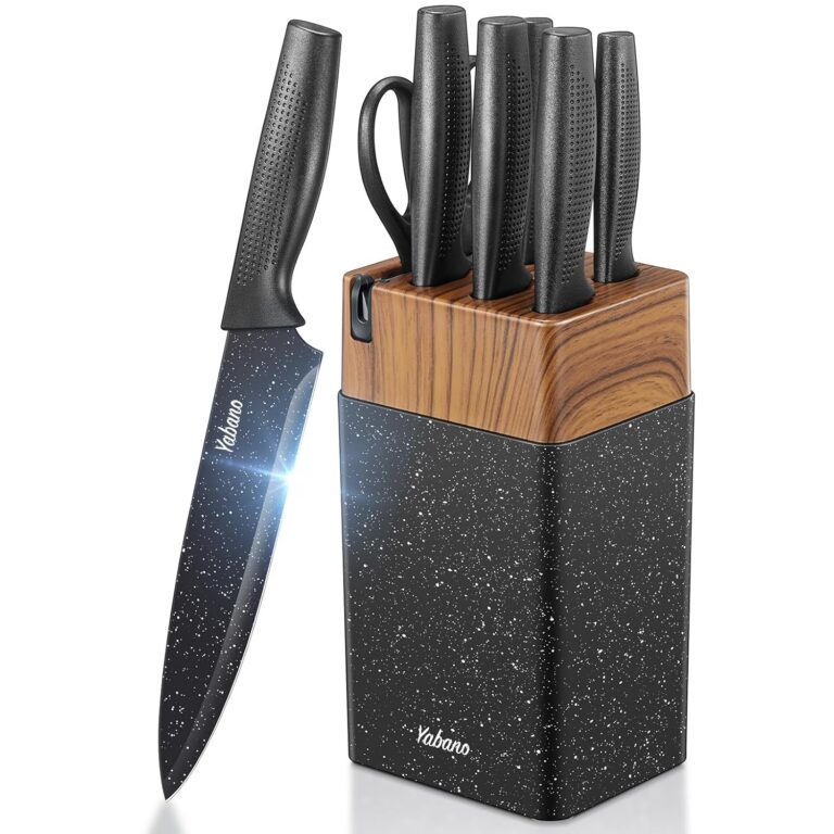 Knife Set, Yabano No Rust Kitchen Knives with PE Universal Knife Block 7 Pieces, High Grade Small Knife Block Set with Black Coating, Dishwasher Safe (White)