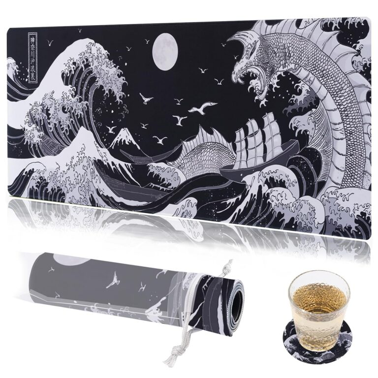 KuZaiALi Japanese Mount Fuji Cherry Blossoms Mouse Pad (Bouns: Coaster+Bag) 31.5x11.8 Inch 3mm Thick Extended Gaming Mousepad Non-Slip Water-Proof Keyboard Pad (Kanagawa Black)