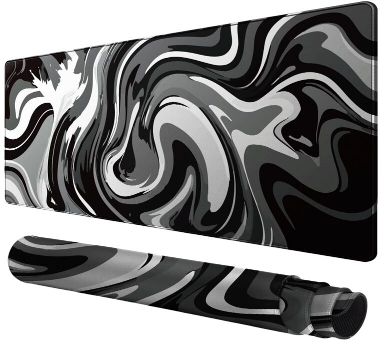 Large Gaming Mouse Pad - Black and White Mouse Pad with Stitched Edges, Extended XL (80x40 cm) Mousepad with Anti-Slip Rubber Base, Ink Liquid Wave Desk Mat for Keyboard and...