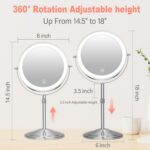 Lighted Makeup Mirror with Magnification, 10X 8’’Rechargeable Double Sided Vanity Mirror with Lights Magnifying Makeup Mirror with 3 Color Light with 360° Rotation, Detachable Base