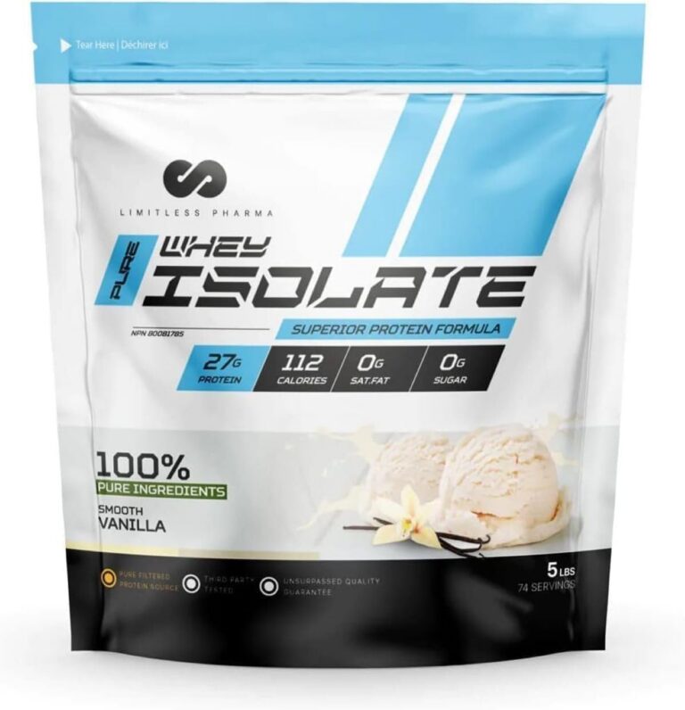 Limitless Pharma Pure Whey Isolate | High Protein Whey Isolate Powder | 27g Protein, 6g BCAAs, Sugar Free, Gluten Free, Low Carb, Low Lactose | 74 Servings, 5LB (Vanilla)