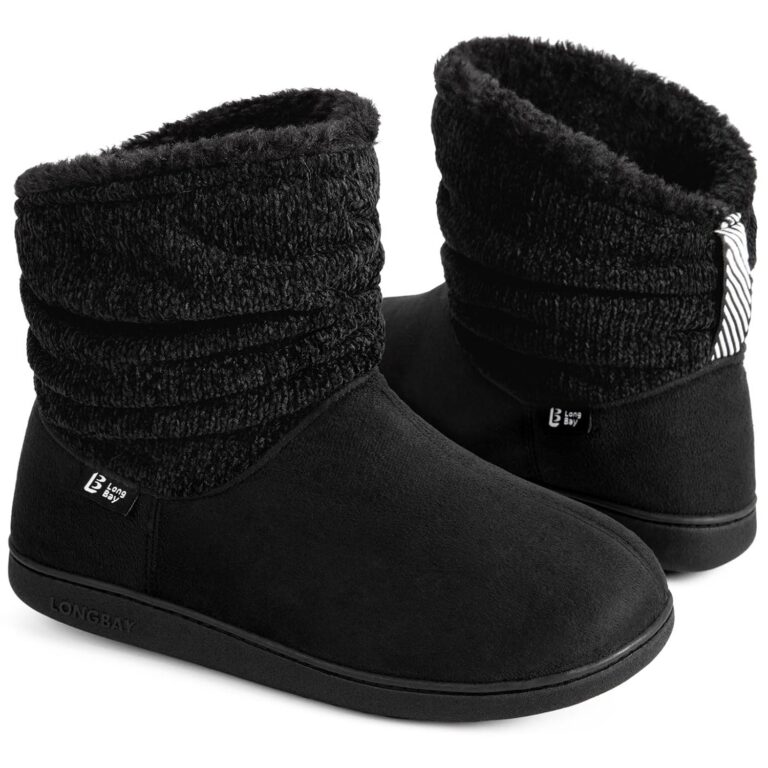 Longbay Women's Warm Chenille Knit Bootie Slippers Memory Foam Comfy Suede Fluffy Faux Fur Memory Foam Winter Boots House Shoes