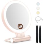 Magnifying Mirror with Light 30X, Double-Sided 1X/ 30X Magnifying Makeup Mirror with Tweezer, 2000mAh 3 Colour Modes with Adjustable Brightness, Foldable Compact Travel Mirror