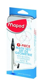 Maped 9 Piece Math Set, Includes 2 Metal Compasses, Storage Tin (194647)