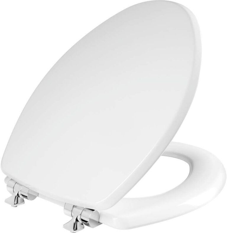MAYFAIR 126CHSL 000 Benton Toilet Seat with Chrome Hinges Will Slow Close and Never Come Loose, Elongated, Durable Enameled Wood, , Elongated, White - Chrome Hinges