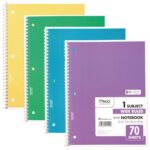Mead Spiral Notebook 1-Subject, 70-Count, Wide Ruled, Assorted Colors, 4-Pack