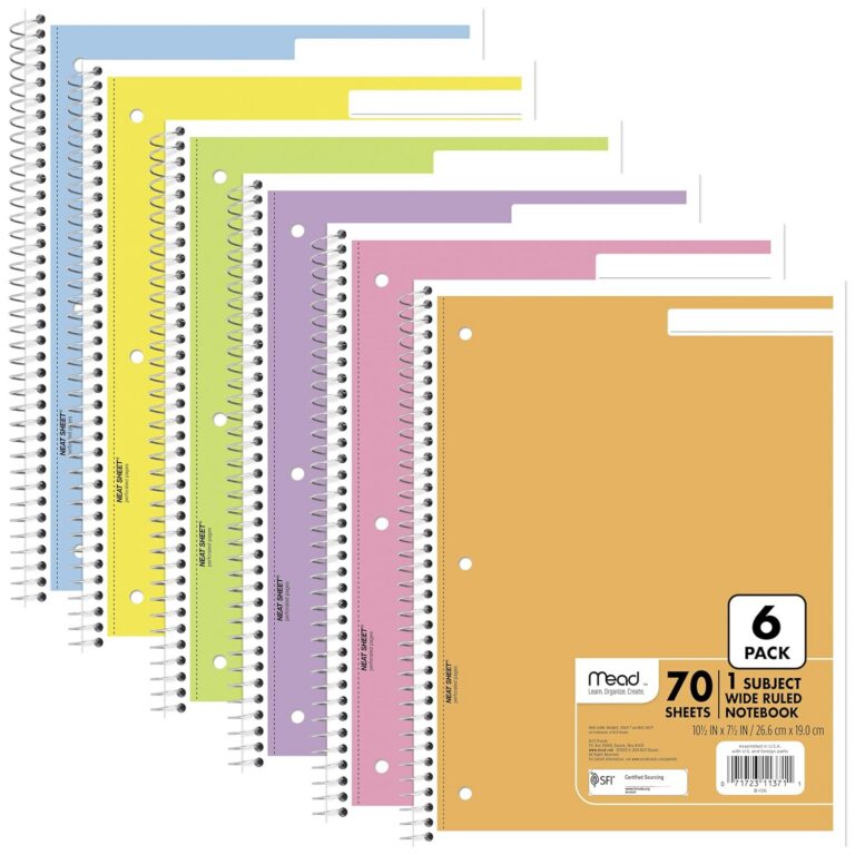 Mead Spiral Notebook, 6 Pack, 1 Subject, Wide Ruled Paper, 7-1/2" x 10-1/2", 70 Sheets per Notebook, Assorted Pastel Colors (930050-ECM)