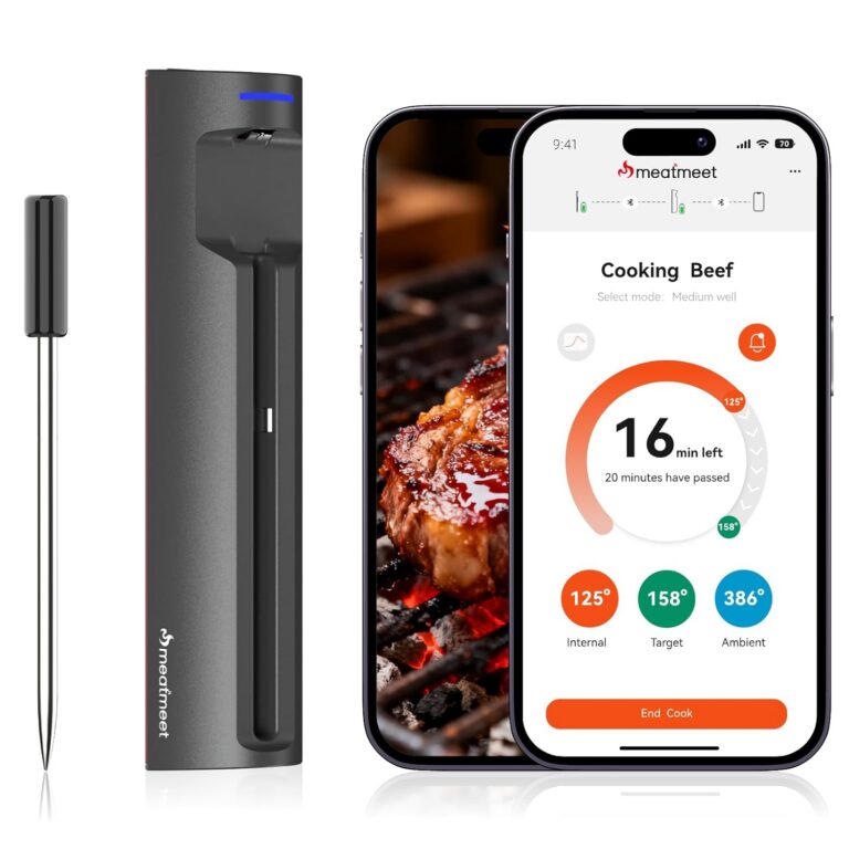 Meatmeet Pro WiFi Wireless Meat Thermometer, Smart App Monitoring, Unlimited Range, Ultra-thin Probe, IP67 Waterproof, Bluetooth Digital Meat Thermometer for BBQ, Oven, Grill,...