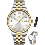 Men's Casual Stainless Steel Watch, Big Face Round Analog Quartz Watch with Day and Date, Classic Waterproof Simple Dial Dress Watch for Men, Gold Silver Black Band