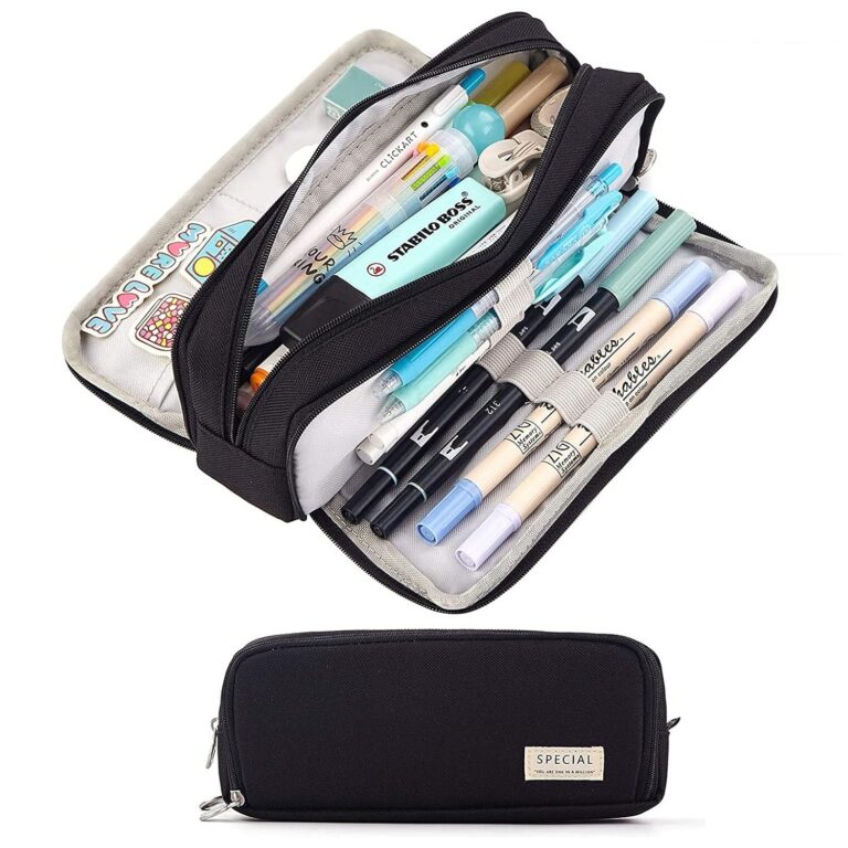 MEQUER Pencil Case for Adult, Cute Pen Case with Double Zippers Closure, Stationery Pouch with Compartments for Middle High School Student Kids Boy Girl Teen Adult (Black) Back...