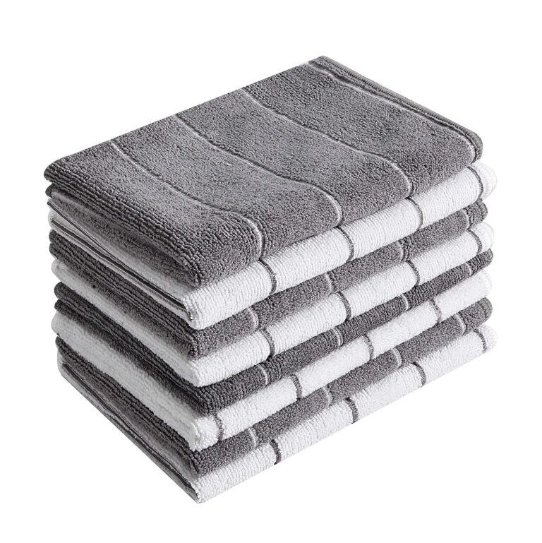 Microfiber Kitchen Towels - Super Absorbent, Soft and Solid Color Dish Towels, 8 Pack (Stripe Designed Grey and White Colors), 26 x 18 Inch (Grey)