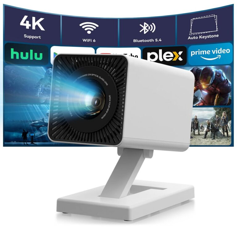 Mini Projector 4K Portable Video Projector with WiFi6 & Bluetooth 5.4, 150 ANSI Automatic Vertical Correction, 130'' Screen Home Cinema Smart Projector for Phone/PC/HDMI/USB/Laptop