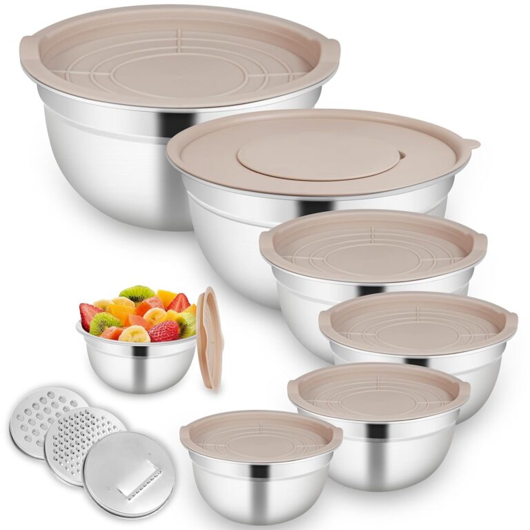 Mixing Bowls with Airtight Lids for Kitchen, 7 Piece Stainless Steel Metal Nesting Storage Bowls, 3 Grater Attachments, Size 4.5, 3.6, 2.7, 2.1,1.7, 1.1,0.7QT for Mixing, Baking...