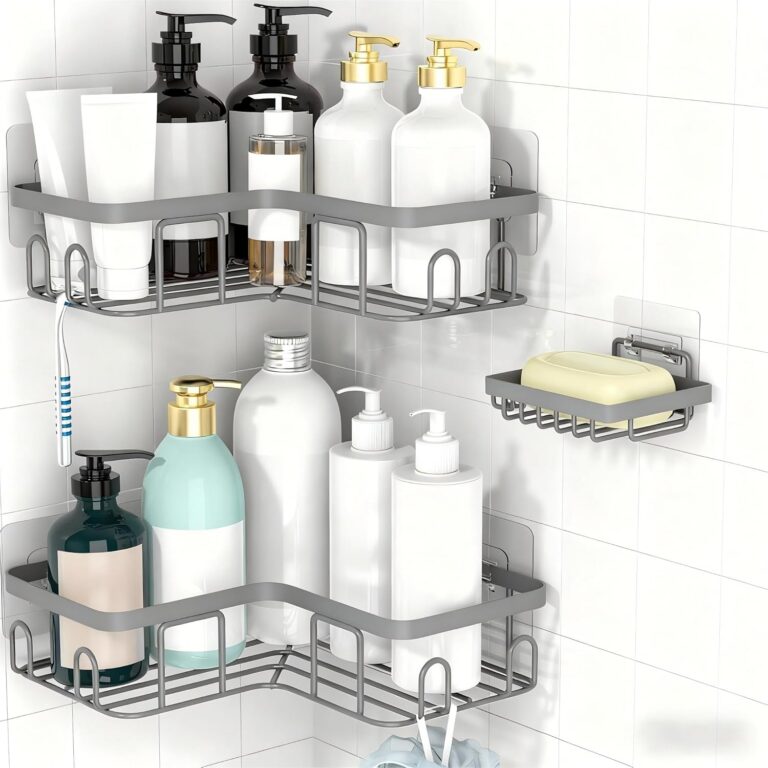 MOFOROCO 3-Pack Shower Caddy Corner Basket Shelf with Soap Holder, No Drilling Traceless Adhesive Shower Wall Shelves, Rustproof Black Bathroom Shower Storage Organizer (Grey,...