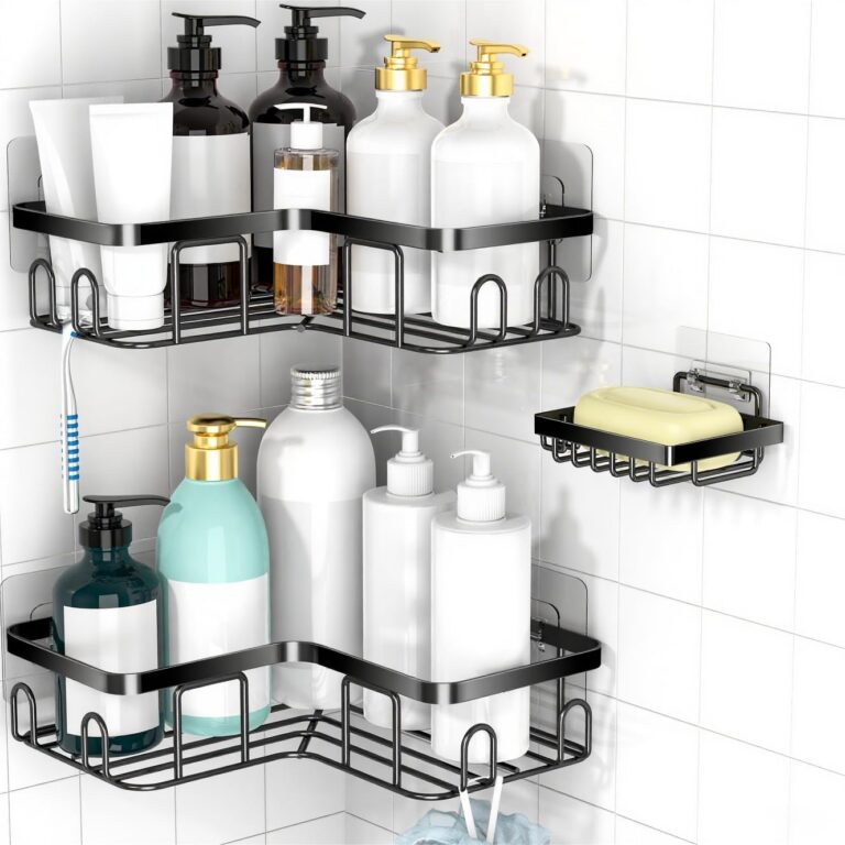MOFOROCO 3-Pack Shower Caddy Corner Basket Shelf with Soap Holder, No Drilling Traceless Adhesive Shower Wall Shelves, Black Bathroom Shower Storage Organizer（ For 90-degree...