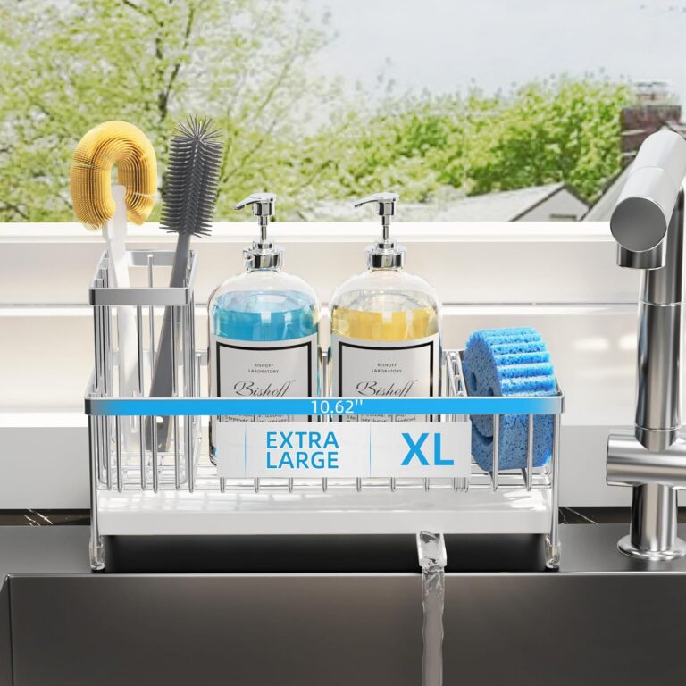 Moforoco Larger Sponge Holder for Kitchen Sink, Sink Caddy with High Brush Holder, Kitchen Sink Organizer Countertop Rustproof 304 Stainless Steel (Silver)